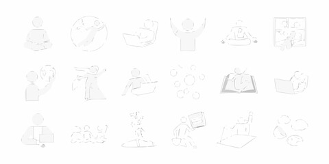 Collection of minimalist white line art icons representing various human activities and concepts