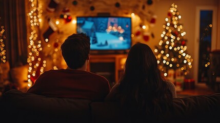 Fototapeta premium A couple sits in a cozy room, watching a Christmas movie on TV from behind, immersed in the warm and festive ambiance of the winter holidays.