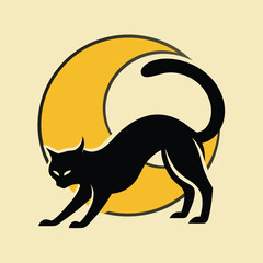 A sleek black cat gracefully arches its back against a crescent moon, , creating a classic and mysterious silhouette in a vintage style