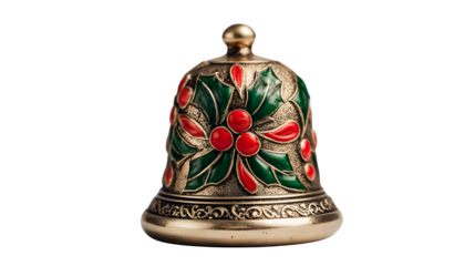 Mini brass bell with red enamel holly leaves and green berries, polished to a soft shine, detailed craftsmanship, isolated on white background