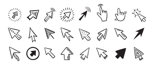 Cursor doodle icon set. Click cursor hand drawn set. Isolated mouse cursor 