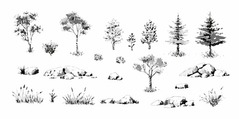 Collection of hand drawn black and white trees bushes rocks and grass elements for landscape design