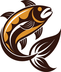 A stylized salmon leaps upward, depicted in shades of brown and gold, embodying the spirit of the wild and the bounty of nature