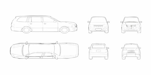 Detailed technical drawing of a station wagon car from multiple perspectives for design and illustration © Partha
