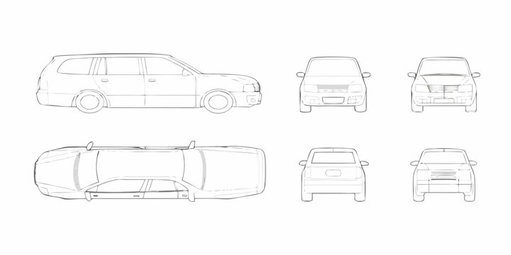 Detailed technical drawing of a station wagon car from multiple perspectives for design and illustration
