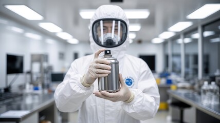 CFC pollution awareness in science concept featuring a scientist in protective suit holding an aerosol can