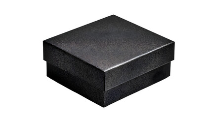 Minimal gift box in soft black paper with micro white dot grid and invisible closure, monochrome precision, isolated on white background