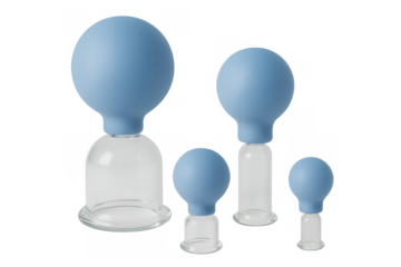 Cupping therapy set with glass jars and blue rubber bulbs