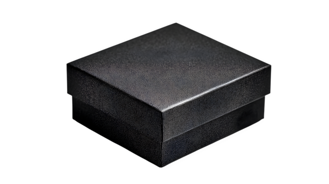 Minimal gift box in soft black paper with micro white dot grid and invisible closure, monochrome precision, isolated on white background