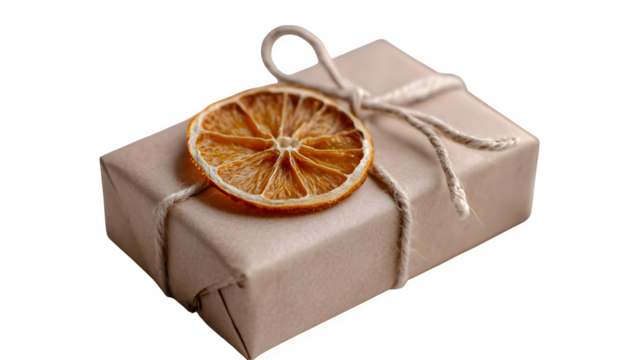 Minimal gift in soft clay-colored paper with single dried orange slice and thin cotton cord, warm and natural, isolated on white background