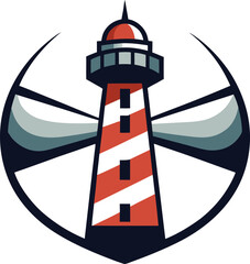 This captivating logo features a striking lighthouse with red and white stripes, emitting beams of light, symbolizing guidance, safety, and hope
