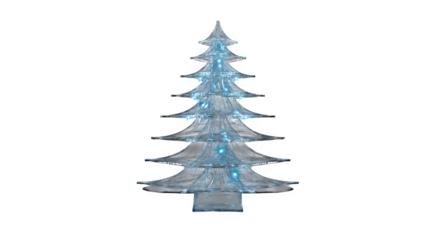 Minimalist acrylic Christmas tree with transparent layers and embedded fiber optics, modern lighting, isolated on white background