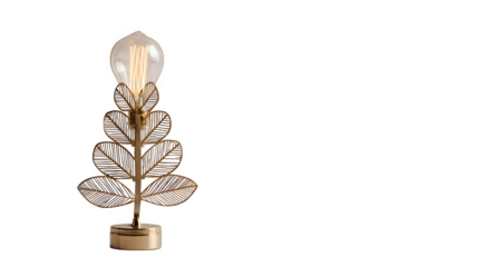 Minimalist brass Christmas tree with etched leaf patterns and warm LED filament bulb, industrial chic, isolated on white background