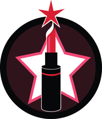 A bold lipstick stands tall within a staremblazoned circle, set against an, symbolizing beauty, confidence, and a touch of glamour