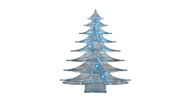 Minimalist acrylic Christmas tree with transparent layers and embedded fiber optics, modern lighting, isolated on white background