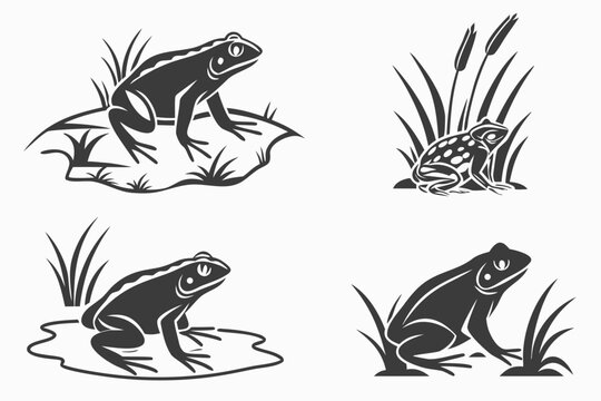 Eight minimalist bullfrog icons in black and color