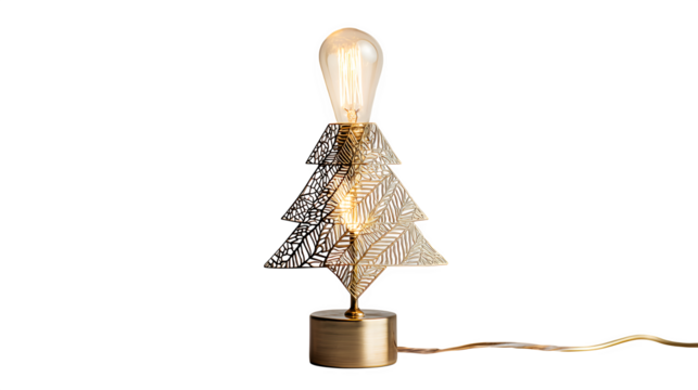 Minimalist brass Christmas tree with etched leaf patterns and warm LED filament bulb, industrial chic, isolated on white background