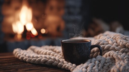 Obraz premium cozy cup of steaming coffee beside a warm fireplace and festive blanket