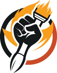A powerful fist clutching a paintbrush, symbolizing artistic revolution and creative expression, with fiery flames and a bold circular design