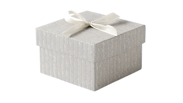 Minimalist gift box in dove gray paper with micro white herringbone pattern and invisible bow, seamless aesthetic, isolated on white background