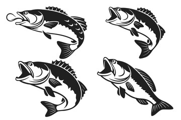 Minimalist black bass fish icons set