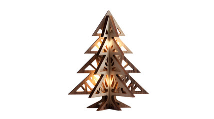 Minimalist laser-cut wooden Christmas tree with interlocking pieces and warm backlighting, Scandinavian craft, isolated on white background