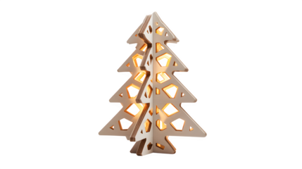 Minimalist laser-cut wooden Christmas tree with interlocking pieces and warm backlighting, Scandinavian craft, isolated on white background