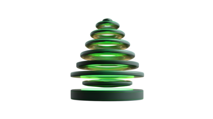 Minimalist magnetic floating Christmas tree with levitating green rings and hidden base, sci-fi minimalism, isolated on white background