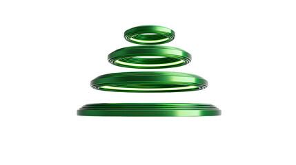 Minimalist magnetic floating Christmas tree with levitating green rings and hidden base, sci-fi minimalism, isolated on white background