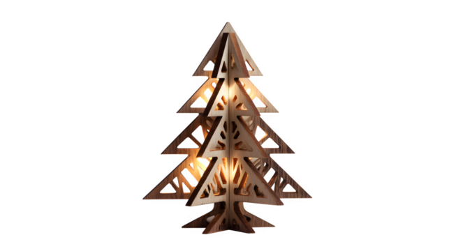 Minimalist laser-cut wooden Christmas tree with interlocking pieces and warm backlighting, Scandinavian craft, isolated on white background
