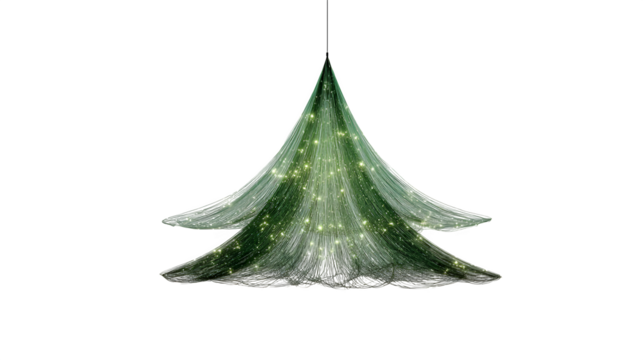 Minimalist hanging Christmas tree made of suspended green threads forming a conical shape with micro LEDs, ethereal design, isolated on white background