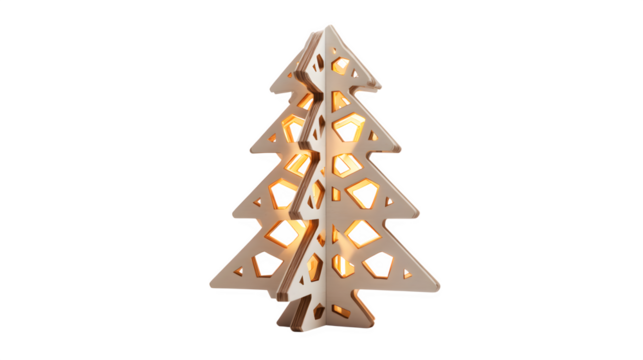 Minimalist laser-cut wooden Christmas tree with interlocking pieces and warm backlighting, Scandinavian craft, isolated on white background