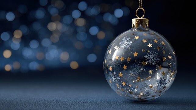 a frosted glass ornament with tiny suspended gold stars and snowflakes softly illuminated on a midnight blue background - Powered by Adobe
