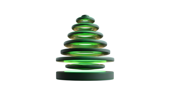 Minimalist magnetic floating Christmas tree with levitating green rings and hidden base, sci-fi minimalism, isolated on white background