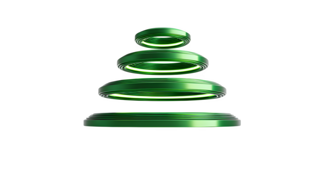 Minimalist magnetic floating Christmas tree with levitating green rings and hidden base, sci-fi minimalism, isolated on white background