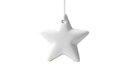 Minimalist white ceramic star with smooth matte finish and single drilled hole for hanging, pure and serene, isolated on white background