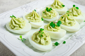 snack, stuffed eggs with avocado, homemade, no people,