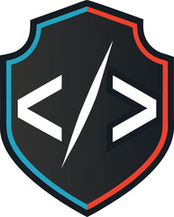 A bold emblem features a shield with a central code symbol, representing software security and protection, it conveys trust and reliability
