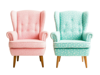 Charming Mid-Century Modern Armchairs in Pastel Pink and Aqua Blue with Whimsical Polka Dots and Wooden Legs Perfect for Vintage Home Decor isolated on transparent background