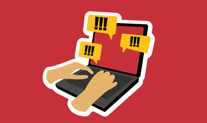 Man typing in laptop ransomware alert sticker illustration