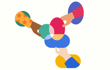 Three hand holding merge of three circles, company equity merge concept illustration