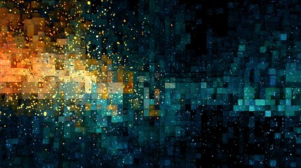 Abstract pixelated background with orange and blue glowing particles for technology design use case