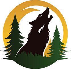 Illustration of a howling wolf silhouette against a moonlit sky, surrounded by pine trees, evoking a sense of wilderness and natural beauty
