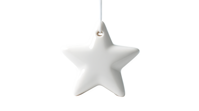 Minimalist white ceramic star with smooth matte finish and single drilled hole for hanging, pure and serene, isolated on white background