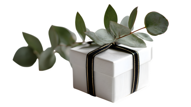 Minimalist white gift box with thin black ribbon and a single sprig of eucalyptus, clean and modern design, isolated on white background