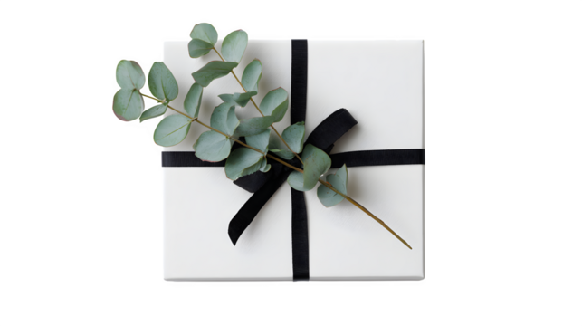 Minimalist white gift box with thin black ribbon and a single sprig of eucalyptus, clean and modern design, isolated on white background - Powered by Adobe