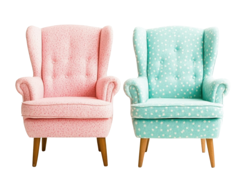 Charming Mid-Century Modern Armchairs in Pastel Pink and Aqua Blue with Whimsical Polka Dots and Wooden Legs Perfect for Vintage Home Decor isolated on transparent background