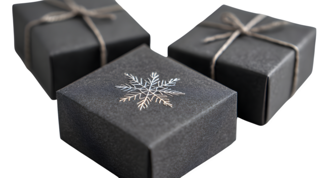 Modern gift in charcoal paper with white thread snowflake embroidery and thin leather tie, tactile minimalism, isolated on white background