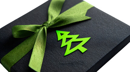 Modern gift in matte black paper with neon green foil Christmas tree and matching ribbon, edgy holiday, isolated on white background