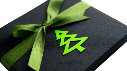 Modern gift in matte black paper with neon green foil Christmas tree and matching ribbon, edgy holiday, isolated on white background